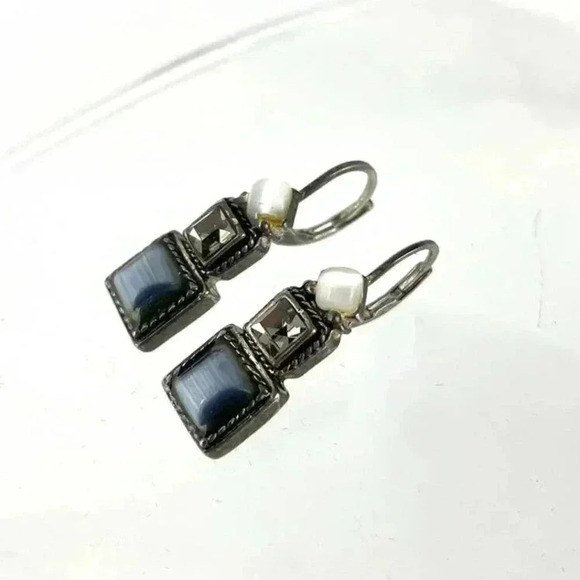 Rhinestone Square Trio Cabochon Silver Tone Metal Earrings 1.5" Jewelry - Picture 7 of 9